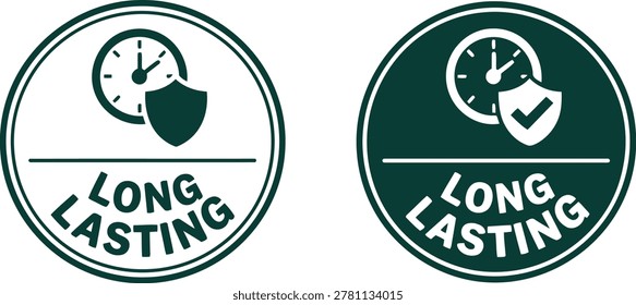 Set of long lasting product badges with clock and shield icons in green circle design