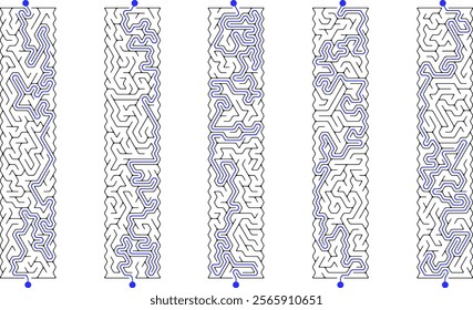 Set of long lenght vertical labyrinths with triangular cell. Collection of stretched mazes with solutions. Black and white simple line riddles pack. Brainstorm puzzles for books, print, web games.