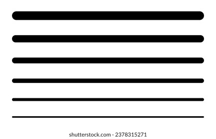 Set of long lines or stripe. Black straight horizontal pinstripe or stripe. Oblong geometric stripes with thick to thin.