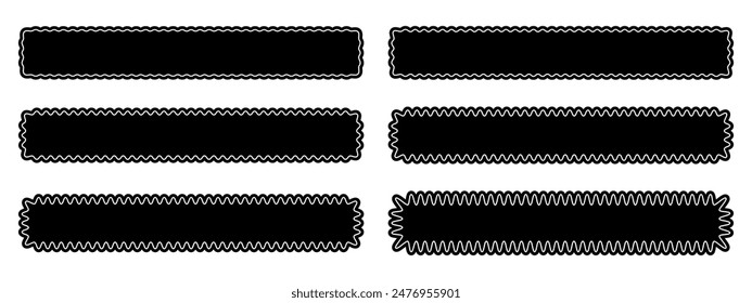 Conjunto de formas rectangulares largas con bordes ondulados. Formas rectangulares onduladas. Cuadros de texto vacíos o titulares, etiquetas o etiquetas aisladas sobre fondo blanco. Ilustración gráfica Vector.