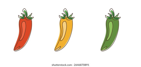 Set of long red, yellow and green chili peppers with fresh green stems in playful cartoon flat style isolated on white background