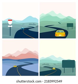 Conjunto de paisajes de carreteras largas ilustración de concepto plano con auto solitario en la distancia y registro abstracto de autopistas