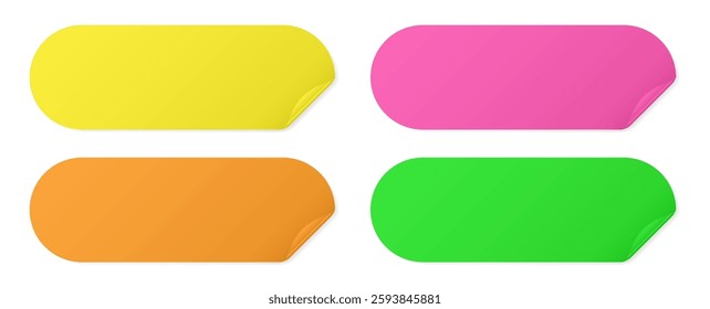 Set of long rounded paper stickers. Stick in notes. Green, yellow, orange and pink colors. Multicolor post it notes. Sheets of paper. Tag, sticky note	