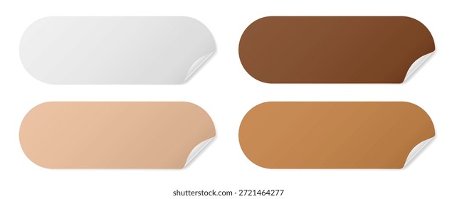Set of long rounded paper stickers with silver foil back. Stick in notes. White, ivory, beige, and brown  colors. Multicolor post it notes. Sheets of paper. Tag, sticky note