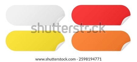 Set of long rounded paper stickers with silver foil back. Stick in notes. White, yellow, orange and red colors. Multicolor post it notes. Sheets of paper. Tag, sticky note
