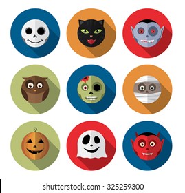 Set of long shadow funny Halloween icons in flat design. 