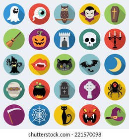Set Of Long Shadow Halloween Icons In Flat Design With Long Shadows