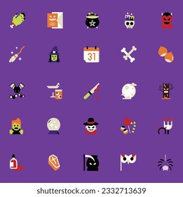 Set of long shadow Halloween icons. Halloween icons set - pumpkin, witch, ghost. Cartoon White Ghosts Signs Icon Set Different Type Symbol of Horror Flat Design. Vector illustration of Icons