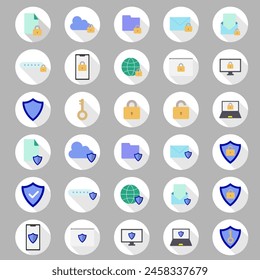 Set of long shadow icons in colors with locks on the phone, computer, browser, cloud, and email. Illustration based on the concept of security.