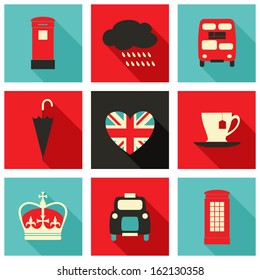 A set of long shadow icons with London symbols.