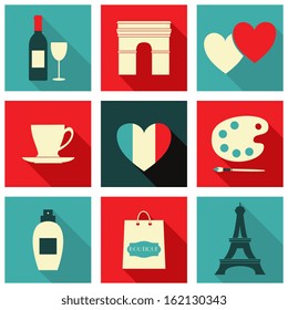 A set of long shadow icons with Paris symbols.