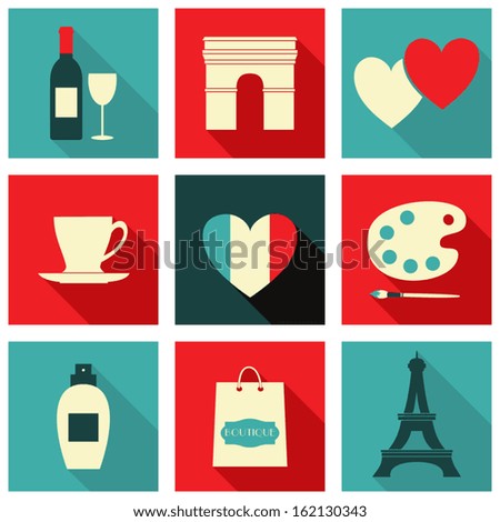 A set of long shadow icons with Paris symbols.