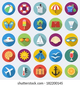 Set of long shadow summer rest icons. Traveling, tourism, vacation theme. Part 1