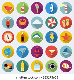 Set of long shadow summer rest icons. Traveling, tourism, vacation theme. Part 2