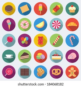 Set of long shadow sweets and candies icons