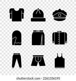 Set Long sleeve shirt, Winter hat, Police cap with cockade, Sport pants, Men underpants, Sleeveless T-shirt, Christmas mitten and Skirt icon. Vector