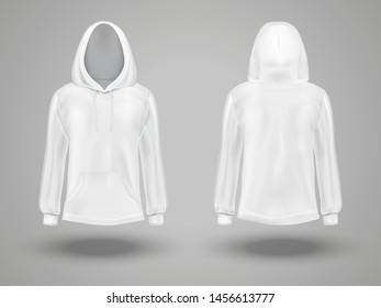 Set of long sleeve white hooded sweatshirt mockup template on gray background. Front and back side views. Vector illustration.