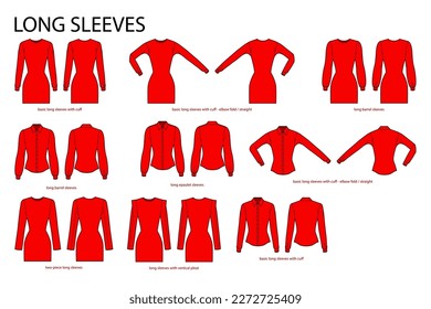 Set of Long sleeves basic clothes with cuff, barrel, two piece, vertical pleat, epaulet technical fashion illustration, fitted. Flat apparel template front, back sides. Women, men unisex CAD mockup