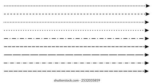 Set of long straight dash line arrows vector illustration