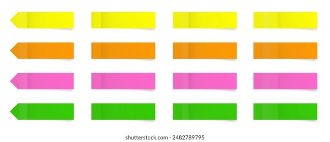 Set of long thin paper stickers. Pointed bookmarks. Stick in notes. pink, yellow, orange and green colors. Multicolor post it notes. Sheets of paper. Tag, sticky note.