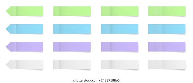 Set of long thin paper stickers. Pointed bookmarks. Stick in notes. White, blue, purple and green colors. Multicolor post it notes. Sheets of paper. Tag, sticky note.	
