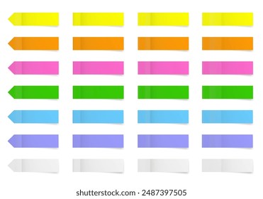 Set of long thin paper stickers. Pointed bookmarks. Stick in notes. White, purple, blue, pink, yellow, orange and green colors. Multicolor post it notes. Sheets of paper. Tag, sticky note.	
