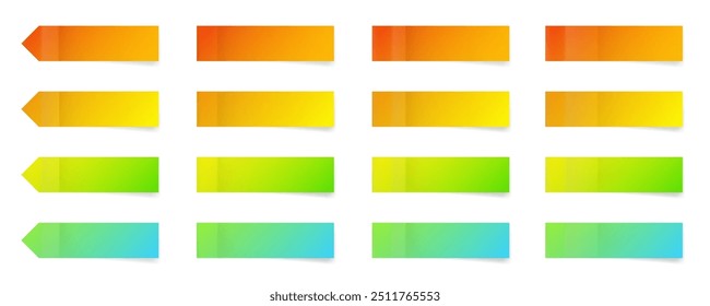 Conjunto de adesivos de papel fino longo. Indicadores apontados. Fique em notas. Cores de gradiente amarelo, verde, laranja, vermelho e azul. Anotações de post multicolorido. Folhas de papel. Etiqueta, nota adesiva.	