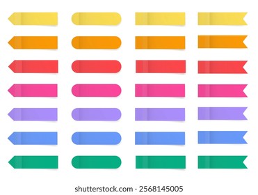 Set of long thin paper stickers. Pointed bookmarks. Stick in notes. Green, purple, blue, red, yellow, orange and pink colors. Multicolor post it notes. Rounded sheets of paper. Tag, sticky note. 