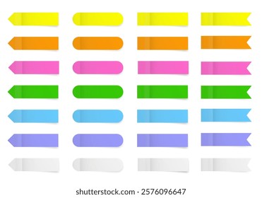 Set of long thin paper stickers. Pointed bookmarks. Stick in notes. Neon shades of green, purple, blue, white, yellow, orange and pink. Multicolor post it notes. Rounded tags, sticky note.