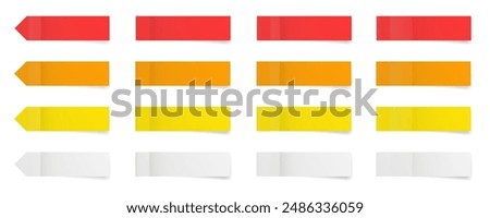 Set of long thin paper stickers. Pointed bookmarks. Stick in notes. White, yellow, orange and red colors. Multicolor post it notes. Sheets of paper. Tag, sticky note.	