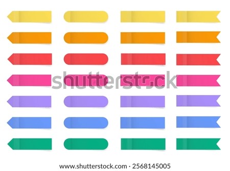 Set of long thin paper stickers. Pointed bookmarks. Stick in notes. Green, purple, blue, red, yellow, orange and pink colors. Multicolor post it notes. Rounded sheets of paper. Tag, sticky note. 