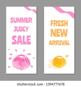 Set of long vertical sale and new arrival banners with colorful jelly for web, print and social media. Vector template isolated on gray background.
