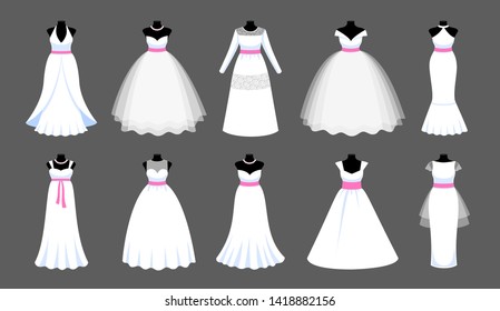 A set of long white dresses with pink ribbons. Collection of mannequins dressed in wedding clothes. Vector illustration for shop, boutique, fashion house, tailor salon. 