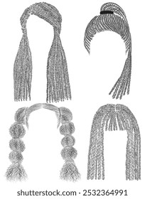 set long woman afro  hairstyle.black  pencil drawing sketch .
women fashion beauty style. tail. 