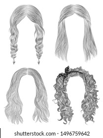 set long woman hairs  . black  pencil drawing sketch .
 women fashion beauty style.  fringe curls cascade  plaits bow.
