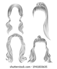 set long woman hairs.black  pencil drawing sketch .
women fashion beauty style. tail HALF-BUN. 
