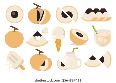 Set of Longan, Farm fresh Longan product emblem for grocery shop, collection of ice cream, Juice jar, glass of juice, ice cream cone and stick, simple flat vector illustration of fruits.