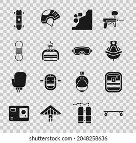 Set Longboard or skateboard, First aid kit, Jet ski, Landslide, Ski lift, Climber rope,  and goggles icon. Vector