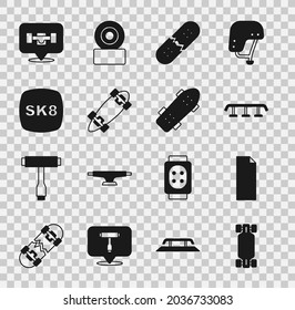 Set Longboard or skateboard, Grip tape, Skateboard stairs with rail, Broken deck, wheel and  icon. Vector