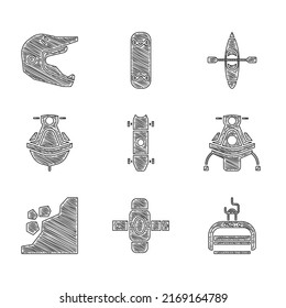 Set Longboard or skateboard, Knee pads, Ski lift, Snowmobile, Landslide, Jet ski, Kayak canoe and Motocross motorcycle helmet icon. Vector