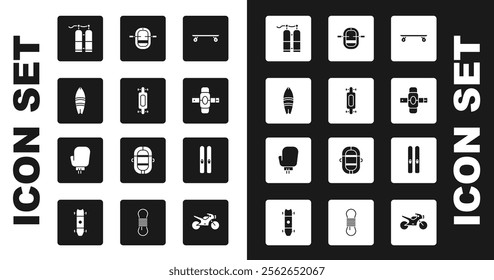 Set Longboard or skateboard, Surfboard, Aqualung, Knee pads, Rafting boat, Ski and sticks and Boxing glove icon. Vector