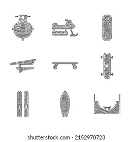 Set Longboard or skateboard, Surfboard, Skate park, Ski and sticks, Hang glider, Skateboard trick and Jet ski icon. Vector
