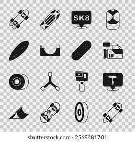 Set Longboard or skateboard, Skateboard T tool, Cinema camera, park,  and  icon. Vector