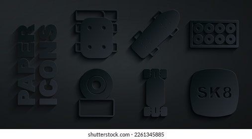 Set Longboard or skateboard, Skateboard wheel,  and Knee pads icon. Vector