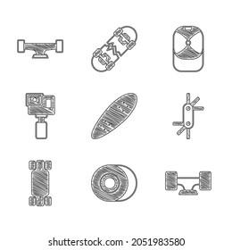 Set Longboard or skateboard, Skateboard wheel, Tool allen keys, Action camera, Baseball cap and  icon. Vector