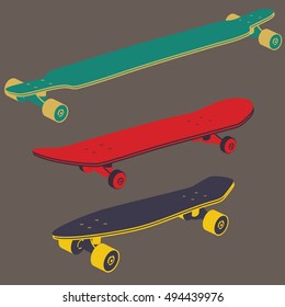 Set longboards and skateboards. 