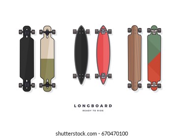 Set of longboards various shaped isolated on white background. Vector illustration.
