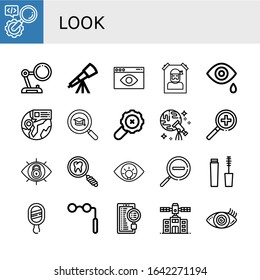 Set of look icons. Such as Search, Magnifying glass, Telescope, Visual, Wanted, Tear, Find, Discovery, View, Eye, Zoom out, Mascara, Mirror, Binoculars, Planetarium , look icons