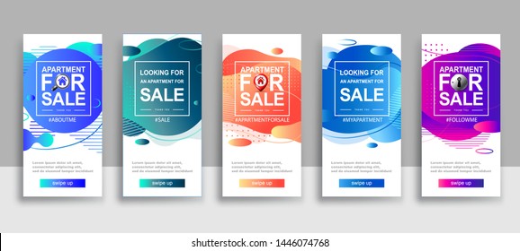 Set of Looking For An Apartment For Rent or Sale Stories dynamic modern fluid template with swipe up buttons. 
Streaming. Creative banners universal cards in trendy style for social media. Vector
