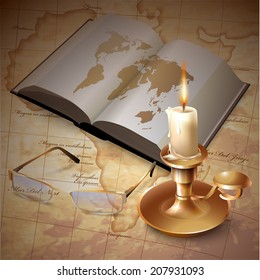 Set of looking glasses, a candle and a book on the map background. Vector illustration